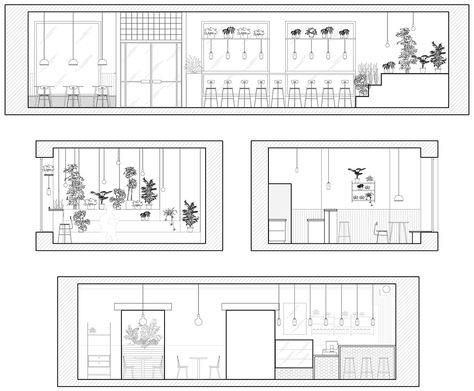 Baranova Pokorsky creates plant-filled cafe in St Petersburg Cafe Section Drawing, Cafe Elevation Design, Interior Shop Drawing, Coffee Shop Elevation, Section Drawing Interior, Shop Drawing Interior, Cafe Architecture Design, Section Interior Design, Shop Ideas Design