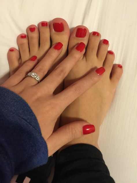 love red nails #shellac #mani #pedi Red Gel Pedicure, Summer Red Pedicure, Red Mani Pedi Combos, Red Nails And Toes, Matching Mani Pedi Sets, Bright Red Pedicure, Red Mani Pedi, Red Mani And Pedi, Matching Mani Pedi