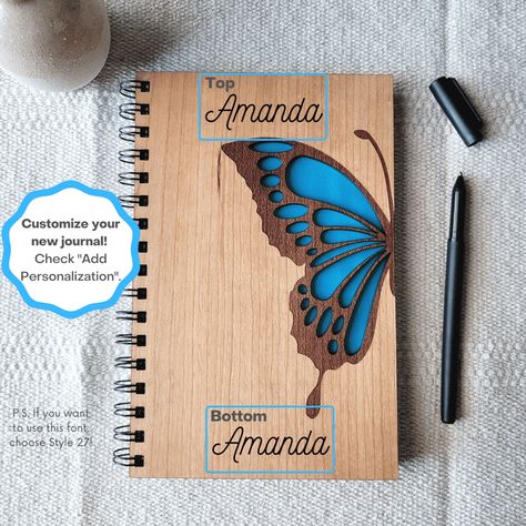 Blue butterfly wood journal - Bumble and Birch – Bumble and Birch Laser Art Wood Cover Journal, Wood Notebooks, Wood Journal, Holographic Blue, Book Binding Diy, Butterfly Books, Wood Butterfly, Leather Book Covers, Blue Morpho Butterfly