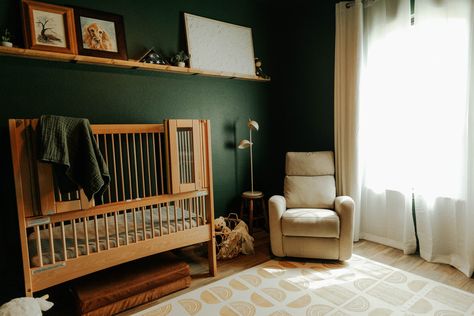 One-of-a-kind nursery design with special considerations for a wheelchair-accessible crib | Miller & Grey Interiors | Houston Based Children's Space Interior Design | bold boys nursery, kids nursery design | via millerandgrey.com Space Interior Design, Grey Interiors, Grey Interior Design, Wheelchair Friendly, Newborn Nursery, Boys Nursery, Green Walls, Dark Walls, Space Interiors