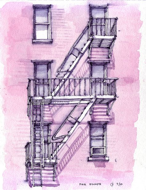 A Brooklyn Fire Escape, via Flickr. Nyc Drawing, Park Slope Brooklyn, Window Architecture, Building Drawing, Watercolor Architecture, Park Slope, Fire Escape, Watercolor Sketchbook, Urban Sketchers