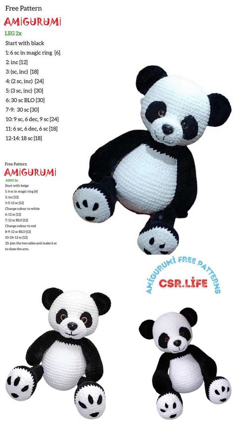 Amigurumi Velvet Big Cute Panda Free Crochet Pattern – Csr.life Panda Bear Crochet Pattern Free, Amigurumi Panda Free Pattern, Crochet Panda Pattern Free, Crochet Panda Bear, Crochet Teddy Bear Pattern Free, Amigurumi Panda, Teddy Bear Patterns Free, Free Amigurumi Crochet Patterns, Bear Patterns Free