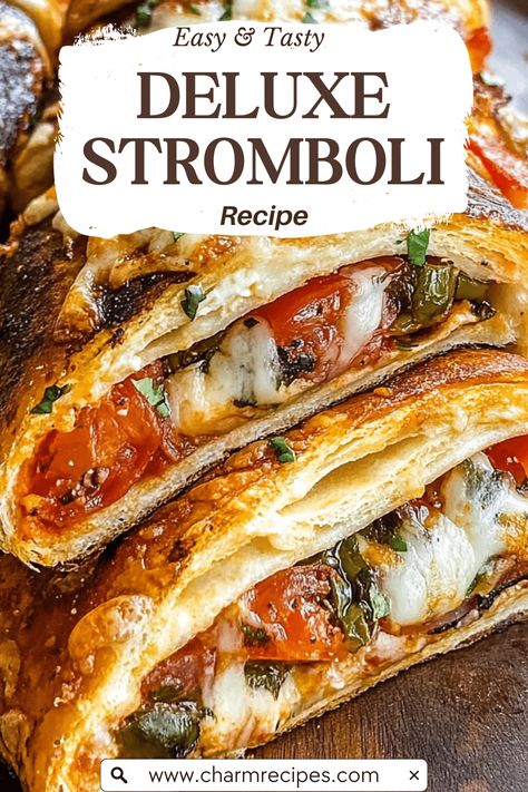 Deluxe Stromboli is a hearty, savory delight that's perfect for any occasion. This Italian-American classic is filled with a delectable combination of meats, cheeses, and vegetables, all wrapped in a crispy, golden-brown dough. It's a versatile dish that can be customized to suit your tastes, making it a family favorite and a hit at gatherings. Italian Stromboli Hero, Stromboli Using Pillsbury Pizza Dough, Sides To Go With Stromboli, Phyllo Dough Pizza Recipes, Stromboli Filling Ideas, Stromboli With Pizza Dough, Homemade Stromboli Recipe, Breakfast Stromboli, Italian Stromboli Recipe