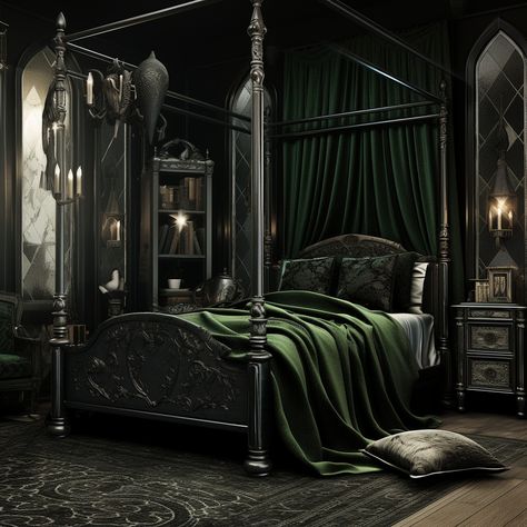 Slytherin Bedroom Aesthetic, Slytherin Room Decor, Slytherin Bedroom, Manor Bedroom, Slytherin Room, Manor Aesthetic, Bedroom Aesthetic Dark, Hogwarts Room, Slytherin Common Room