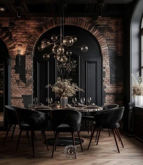 Industrial Gothic Interior, Gothic Restaurant, Dark Restaurant, Moody Dining Room, Salon Suites, Dark Home Decor, Red Brick House, Gorgeous Bedrooms, Dark Home