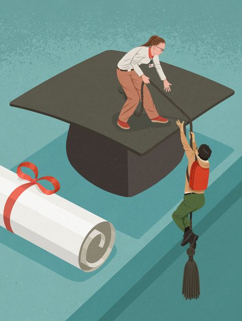 Illustration of someone helping a student climb onto a mortar board John Holcroft, Teachers Day Drawing, Education Magazine, Education Poster Design, Satirical Illustrations, 카드 디자인, Conceptual Illustration, Magazine Illustration, Meaningful Art