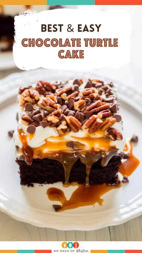 Decadent Chocolate Caramel Turtle Cake Roll, Chocolate Turtle Poke Cake Recipe, Gluten Free Turtle Cake, Turtle Chocolate Layer Cake, Carmel Chocolate Turtle Cake, Slice Of Heaven Cake Recipe, Carmel Turtle Poke Cake, Gooey Chocolate Caramel Turtle Cake Roll, Caramel Turtle Poke Cake