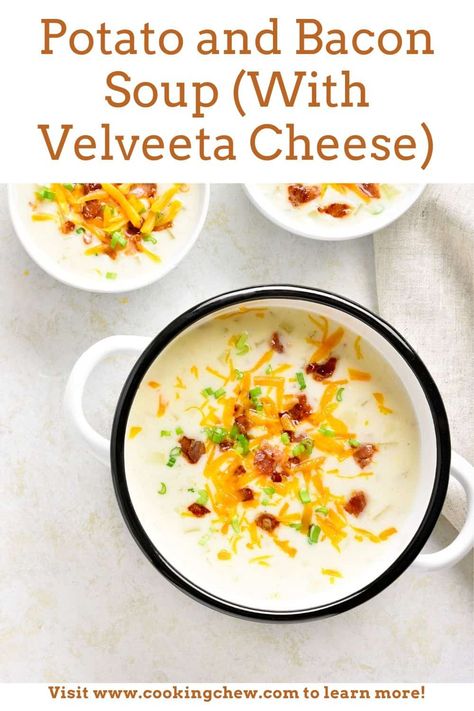 Velveeta potato soup. This is a rich and creamy cheesy potato soup made with Velveeta cheese. It includes potatoes, celery, onion, carrots, and bacon. Outback Potato Soup, Creamy Potato Soup Recipe, Cheesy Potato Soup, Potato Soup Easy, Loaded Potato Soup, Bacon Soup, Loaded Baked Potato Soup, Creamy Potato Soup, Velveeta Cheese