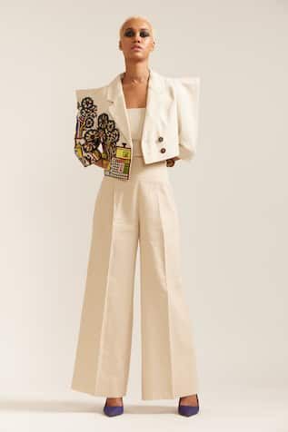 Buy Beige Linen Embroidered Applique Lapel Paint Stain Cropped Blazer With Pant For Women by Mini Sondhi Online at Aza Fashions. Neutral Color Outfits, Embroidery 3d, Linen Embroidery, Pant For Women, Structured Jacket, Embroidered Pants, Floral Jacket, Pink Jacket, Silk Embroidery