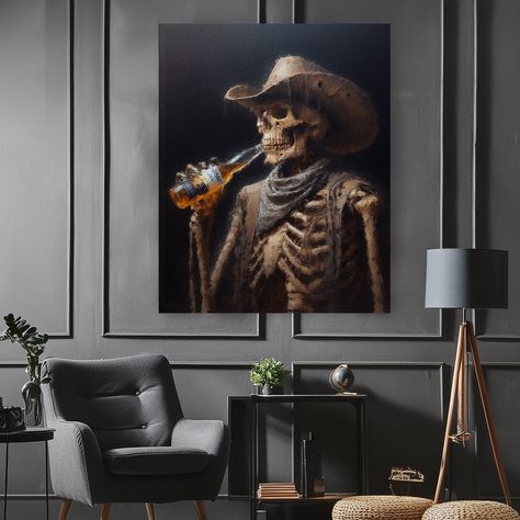 Cowboy Skeleton Drinking Modelo Beer Oil Painting Poster PHYSICAL ITEM POSTER Bring a touch of edgy Americana to your space with this striking Cowboy Skeleton Drinking Modelo Beer poster print. Featuring a vintage-inspired oil painting style, it's a bold and eye-catching addition to any room. This offbeat poster is perfect for achieving aesthetics like rustic, gothic, or bachelor pad decor vibes. Hang it in your living room, man cave, or bar area for an instant conversation starter. It also make Sophisticated Bachelor Pad, Wall Art For Men Living Room, Edgy House Decor, Industrial Rustic Interior Design, Cow Print Room Ideas, Bachelor Pad Wall Decor, Mens Living Room Ideas Bachelor Pads, Black Man Cave, Masculine Artwork