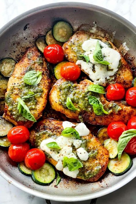 Pesto Chicken | foodiecrush.com What To Serve With Pesto, Mozzarella Zucchini, Chicken Dinner Party Recipes, Foodiecrush Recipes, Easy Pesto Chicken, Pesto Chicken Recipe, Pan Chicken Breast, Mediterranean Foods, Chicken Pesto Recipes