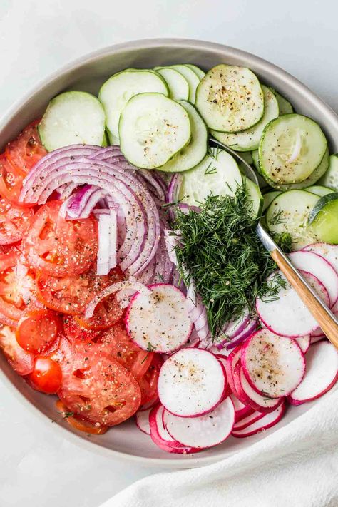 Radish Cucumber Tomato Salad, Meals With Radishes, Ukrainian Salad, Radish Recipes Salad, Radishes Salad, Salad With Radishes, Cucumber Radish Salad, Dill Vinaigrette, Dill Cucumber