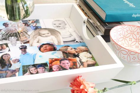 How To Make A Classy Photo Collage Tray | Delightful Mom Food Diy Photo Collage, Photo Collage Diy, Photo Tray, Decoupage Tray, Collage Diy, Diy Xmas Gifts, Tray Diy, Recipe For Mom, Picture Collage