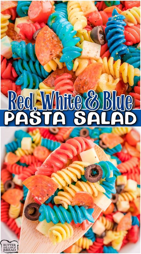 Red, White and Blue Pasta Salad made with pasta, mozzarella cheese, pepperoni, tomatoes & your favorite Italian dressing! Fun & festive patriotic salad perfect for 4th of July! Red White And Blue Pasta Salad Recipes, Fourth Of July Party Food Ideas, American Pasta Salad, 4th Of July Festive Food, 4rth Of July Desserts, July 4th Food Pasta Salad, Fourth Of July Dinner Party Food Ideas, Fourth Of July Picnic Food Ideas, Dip For 4th Of July