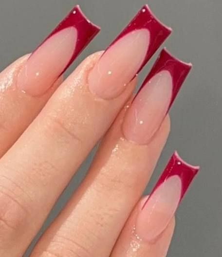 Dark Red Square Nails, Nails Mid Length, Red Square Nails, Red French Tip, City Nails, Red French, Glam Photoshoot, Acrylic Gel, Square Acrylic Nails