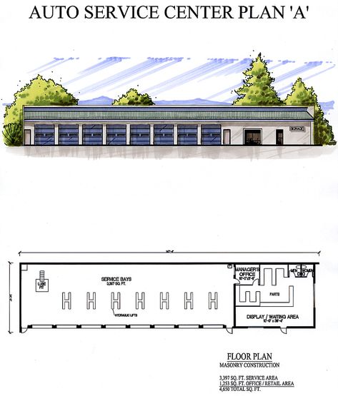 Auto Service Plan A Auto Shop Floor Plan, Auto Repair Shop Design Floor Plan, Automotive Workshop, Architecture Model Trees, Car Mechanics Garage, Auto Service Center, Car Showroom Design, Building Design Plan, Metal Building Designs