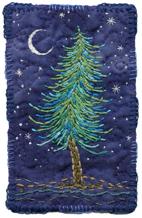 Christmas Textile Art, Embroidered Trees, Tree Quilts, Embroidered Tree, Tree Applique, Hand Embroidered Trees, Embroidered Christmas Cards, Embroidery Stitches Tree, Christmas Landscape Fabric Applique Cards