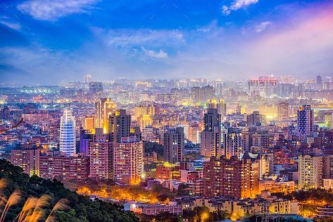 Taoyuan, Taiwan Skyline by SeanPavonePhoto. Taoyuan, Taiwan city skyline at twilight.#Skyline, #Taiwan, #Taoyuan, #SeanPavonePhoto Corporate Brochure Cover, Sunrise Landscape, Paper Sculptures, Websites Design, City Photos, Brochure Cover, Taipei Taiwan, A Background, Taipei