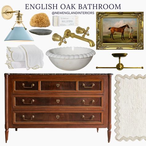 New England Interiors – English Oak Bathroom – Bath Mat, Equestrian Wall Art, Bath Essentials, Lighting, Sink, Commode, Towels. New England Bathroom, New England Interiors, English Country Bathroom, Colonial New England, New England Interior, Tranquil Bedroom, Farmhouse Cabinets, Oak Bathroom, Ikea Bathroom