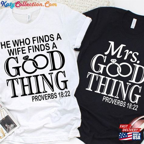 He Who Finds A Wife Good Thing T-Shirt Husband And Shirt Matching Newly Wedding Classic Check more at https://katycollection.com/product/he-who-finds-a-wife-good-thing-t-shirt-husband-and-shirt-matching-newly-wedding-classic/ Vow Renewal Shirt Ideas, Husband And Wife Shirts Matching, His And Hers Tshirt Ideas, He Who Finds A Wife, Black Couple Outfits, Couple T Shirt Design, Tshirt Prints, Wife Tshirts, Cute Couple Shirts