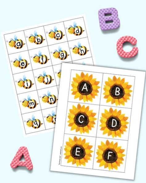 Alphabet Matching Game Printables Free, Letter Matching Printable Free, Spring Alphabet Letters Free Printable, Flowers With Letters, Bee Letters, Alphabet Matching Printables Free, Letter Recognition Preschool, Alphabet Letter Matching, Alphabet Flash Cards Printable