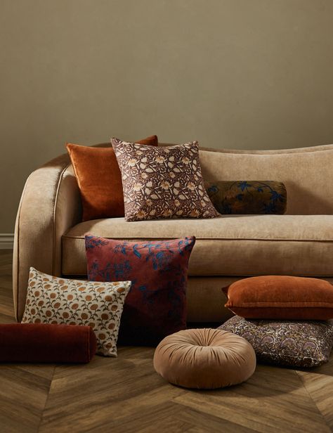 Pillows On Couch, Couch Pillow Arrangement, Modern Eclectic Home, Couch Styling, Brown Couch, Pillow Arrangement, Velvet Couch, Lulu And Georgia, Fall Pillows