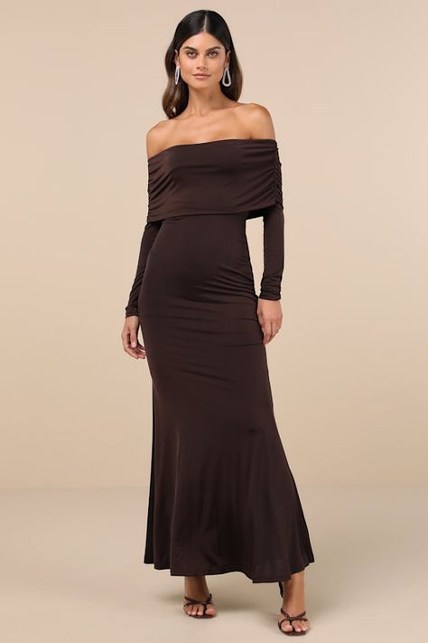 A night of adoration comes easy when you slip on the Lulus Effortlessly Stunning Dark Brown Off-the-Shoulder Maxi Dress! Slinky and stretchy jersey knit shapes an elasticized, off-the-shoulder neckline and a foldover bodice that boasts ruching at the shoulders as it overlays long fitted sleeves. High, fitted waist sits atop a figure-flaunting mermaid skirt that falls to an elegant maxi hem. Fit: This garment fits true to size. Length: Floor length. Size medium measures 53" from top to bottom. Bu Fall Formal Dresses, Dark Brown Dress, Burgundy Casual Dress, Fitted Prom Dresses, Floor Length Maxi Dress, Casual Formal Dresses, Fall Wedding Guest Dress, Casual Wedding Dress, Mermaid Skirt