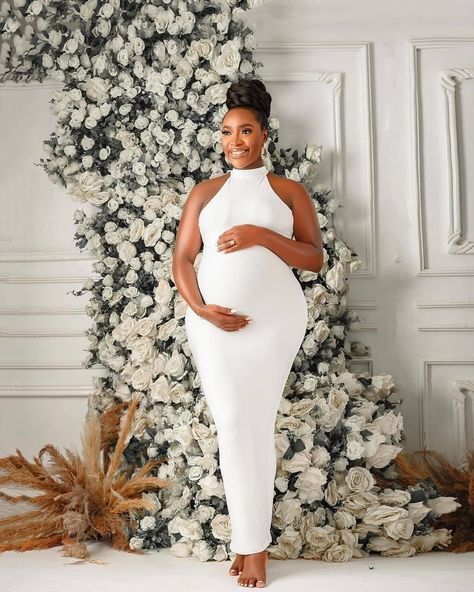 All White Pregnancy Dress, Baby Shower Dress Ideas For Mom, All White Maternity Shoot Black Couple, White Dress Maternity Shoot With Husband, Afro Maternity Shoot, White Gown Maternity Shoot, Maternity Studio Photoshoot, Pregnant Lady, Maternity Studio