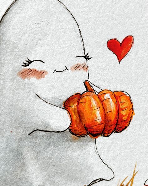 Ghost holding pumpkin Simple Pumpkin Painting On Canvas, Fall Art Journal Pages, Spooky Watercolor Paintings, Simple Ghost Painting, Ghost In Pumpkin Patch, Halloween Watercolors, Watercolor Halloween Art, Halloween Pictures To Draw, Cute Ghost Drawings