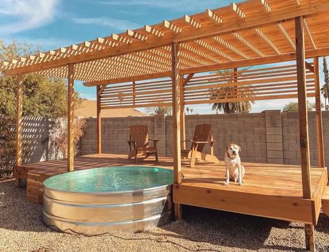 32 Clever Stock Tank Pool Designs and Ideas Cowboy Pools Ideas, Stock Tank Swimming Pool Ideas, Troff Pool, Feeding Trough Pool, Cowboy Pool With Deck, Cow Trough Pool, Stock Tank Pool With Deck, Cattle Trough Pool, Country Pool Ideas