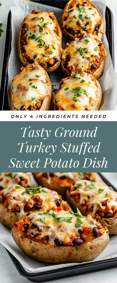 Image for Tasty Ground Turkey Stuffed Sweet Potato Dish High Protein Stuffed Sweet Potato, Mediterranean Stuffed Sweet Potato, Ground Turkey Stuffed Sweet Potato, Savory Stuffed Sweet Potato Recipes, Sweet Potato Turkey Bowl, Ground Chicken Sweet Potato Recipes, Meals With Sweet Potatoes, Turkey Stuffed Sweet Potato, Sweet Potato Meals