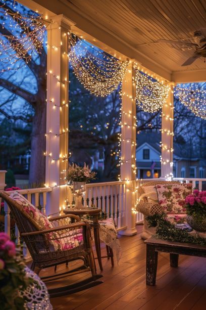 Emslifeandloves Big Front Porches, Big Porch, Pretty Christmas Decorations, Front Porch Design, Christmas Apartment, Lantern String Lights, Front Porch Ideas, Outdoor Curtains, Christmas Trends