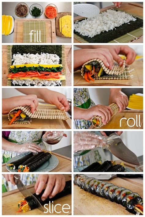 Beef Kimbap (with Step-by-Step Guide!) - Rasa Malaysia Beef Kimbap, Kimbap Recipe, Painted Steps, Resep Sushi, Koreansk Mad, Snack Meals, Korean Food Recipes, Colorful Photos, Korean Cooking