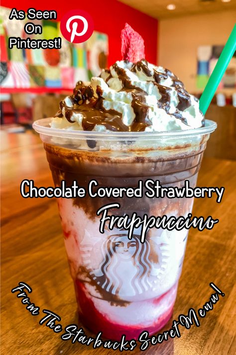 How to order the Chocolate Covered Strawberry Frappuccino at Starbucks. It is on the secret menu! #starbucks #starbuckssecretmenu #starbucksfrappuccino Strawberry Frappuccino Recipe, Strawberry Frappuccino, Frappuccino Starbucks Secret Menu, Starbucks Chocolate, Starbucks Secret Menu Recipes, Chocolate Covered Strawberry Recipe, Secret Starbucks Recipes, Secret Starbucks Drinks, Frappuccino Recipe