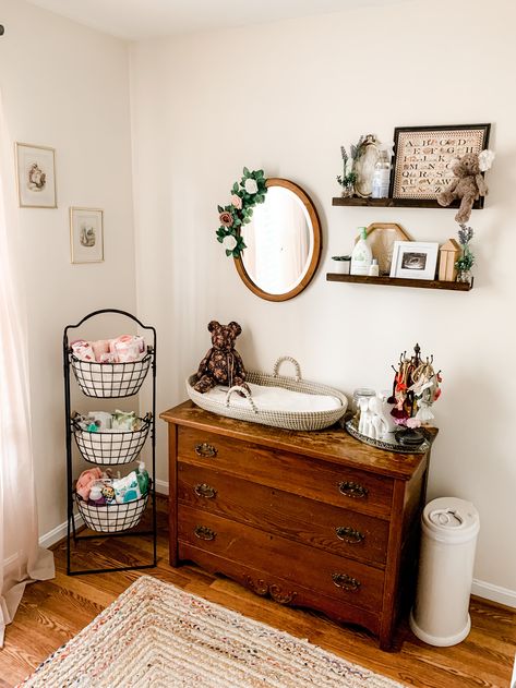 Nursery Old Fashioned, Mirror And Shelves Nursery, Old House Nursery, Country Vintage Nursery, Changing Pads On Dresser, Old Timey Nursery, Nursery Antique Dresser, Nursery Ideas Antique, Mix And Match Nursery Furniture