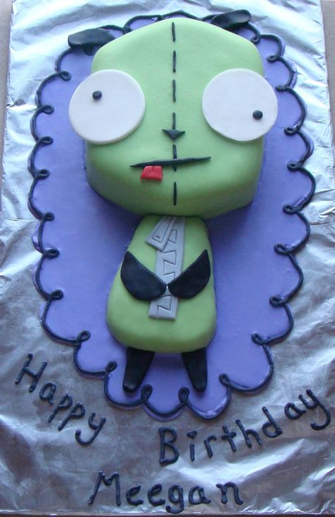 Gir (Invader Zim) Birthday Cake This cake was my daughter's 11th birthday cake. I made the cake to resemble her favorite cartoon... Invader Zim Cake, Invader Zim Birthday, 11th Birthday Cake, Gir From Invader Zim, Gir Invader Zim, Interesting Cakes, Party Hardy, Marshmallow Fondant, Lego Cake