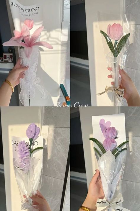 Small faux floral bouquets in pink and purple (lily, tulip, lavender) Handbag Bouquet, Poppy Flower Bouquet, Clean Flowers, Candy Bouquet Diy, Diy Bouquet Wrap, Pipe Cleaner Flowers, Handmade Pipe, Purple Lily, Free Nature