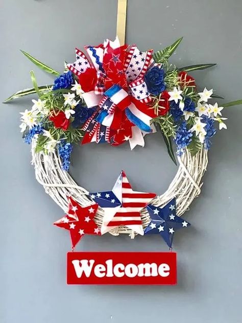 35+ Easy DIY Dollar Store Patriotic Wreath Ideas to Make for July 4th - HubPages Patriotic Wreath Ideas, 4 Of July Decorations, Blue Decor Ideas, Patriotic Door Decorations, Red White And Blue Decor, White And Blue Decor, Patriotic Door Wreath, Patriotic Diy, Patriotic Wreaths