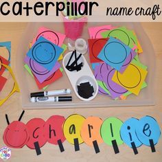 Caterpillar name craft! Bug themed activities and centers for preschool and kindergarten (freebies too)! Perfect for spring summer or fall! #bugtheme #insecttheme #preschool #prek #kindergarten Name Activities Preschool, Spring Math Activities, Bug Activities, Insects Preschool, Preschool Names, Bugs Preschool, Insect Activities, Kindergarten Freebies, Insects Theme