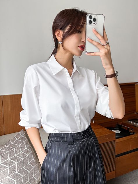 White Casual Collar Long Sleeve Fabric Plain Shirt Embellished Non-Stretch Spring/Fall Women Tops, Blouses & Tee Collared Shirt Outfits, Navy Blue Dress Shirt, White Shirt Blouse, White Collared Shirt, White Shirts Women, Navy Blue Shirts, Outfit Mujer, Plain Shirt, Women Blouses