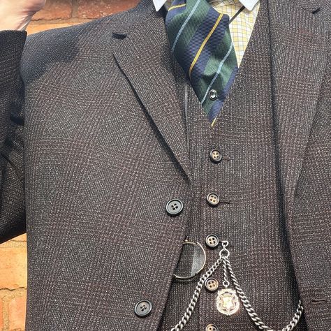 Dress down Friday.. Vintage Moss Bros 3 piece tweed suit.. dated 1966.. with yellow check tunic shirt, cameron collar. Boxcloth braces. Piccadilly armbands, double albert Full Hunter pocket watch.. and obviously correct underwear and accessories #fogeyunlimited #tweedsuit #boxclothbraces #cameroncollar #stiffcollar #doublealbert #needtotidythegarden Check Tunic, Dress Down Friday, Vintage Attire, Moss Bros, Tweed Suit, Instagram Dress, Tweed Suits, March 8, Tunic Shirt