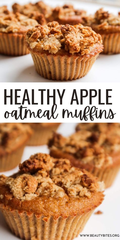 Healthy breakfast apple oatmeal muffins recipe! These delicious healthy apple muffins are made with eggs, yogurt, honey, oats and apples - they're flourless and refined sugar-free! They're also a super yummy healthy meal prep breakfast idea! Apple Oat Muffins, Apple Streusel Muffins, Apple Muffins Healthy, Apple Oatmeal Muffins, Delicious Healthy Breakfast Recipes, Delicious Healthy Breakfast, Oatmeal Muffin Recipes, On The Go Breakfast, Apple Muffin Recipes