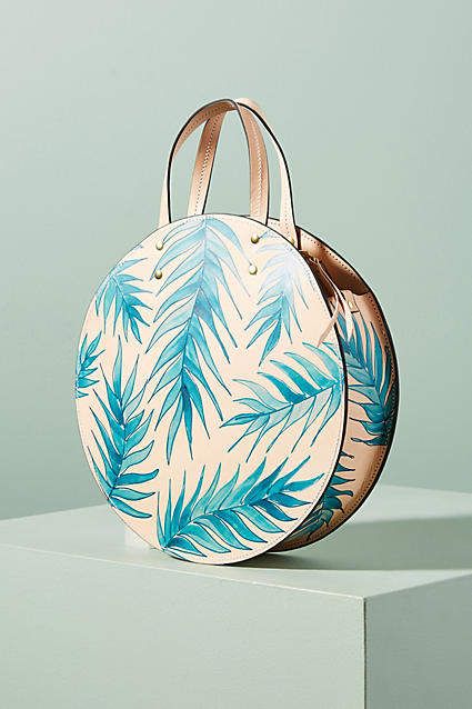 Ann Howell Bullard Fern Circle Bag Printed Bags Design, Circle Bag, Painted Bags, Contemporary Accessories, Round Bag, Painting Leather, Leather Bags Handmade, Fabric Bags, Diy Bag