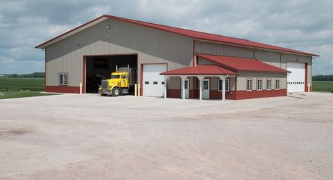 Morton Buildings farm shop in Watertown, Wisconsin. Farm Shop Buildings, Shop Building Ideas, Red Barn House, Shop With Living Quarters, Pole Barn Kits, Cool Sheds, Metal Shop Building, Metal Building Kits, Morton Building