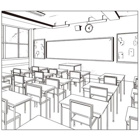 Classroom Sketch Architecture, Classroom In 2 Point Perspective, Classroom Perspective Drawing, Classroom Perspective, Perspective Drawings, Classroom Interior, Perspective Sketch, Perspective Drawing Architecture, Anime Classroom