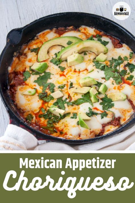 Cheros Recipes, Mexican Starters Appetizers, Mexican Snack Recipes, Chourico Recipes, Choriqueso Dip, Choriqueso Recipe, Chirozo Recipes, Mexican Holiday Recipes, Flaming Cheese