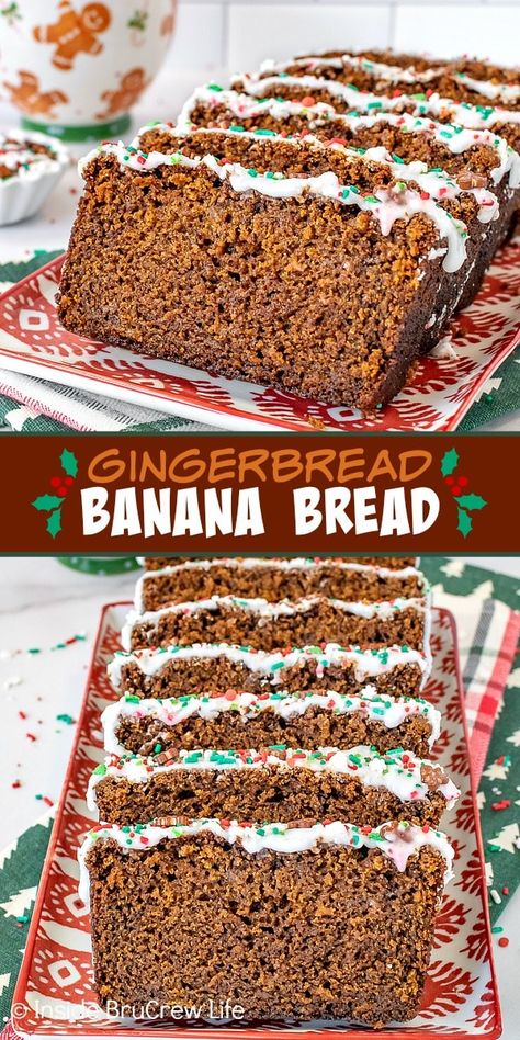 Gingerbread Banana Bread - add a rich and warm flavor to this easy sour cream banana bread with spices, molasses, and brown sugar. Great recipe to make for the holidays. Gingerbread Banana Bread, Winter Flavors, Gingerbread Recipes, Sour Cream Banana Bread, Slab Pie, Christmas Bread, Winter Treats, Pumpkin Bread Recipe, Christmas Treat