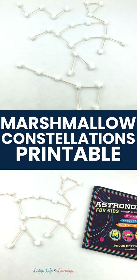 The kids are going to have so much fun with this Marshmallow Constellations Printable! An easy way to combine learning and hands-on fun! Space Themed Science Activities Preschool, Constellation School Project, Stars And Constellations Activities, Star Science Experiments For Kids, Astronomy Projects For Kids, Fun Space Activities For Kids, Space Steam Activities For Kids, Constellation Sensory Bag, Constellation Projects For Kids