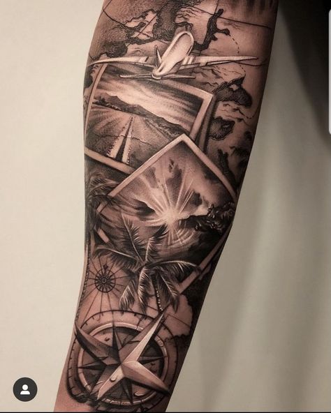 Ships Tattoo, Polaroid Tattoo, Camera Tattoos, Airplane Tattoos, Men Tattoos Arm Sleeve, Forearm Sleeve Tattoos, Nautical Tattoo, Half Sleeve Tattoos For Guys, Beach Tattoo