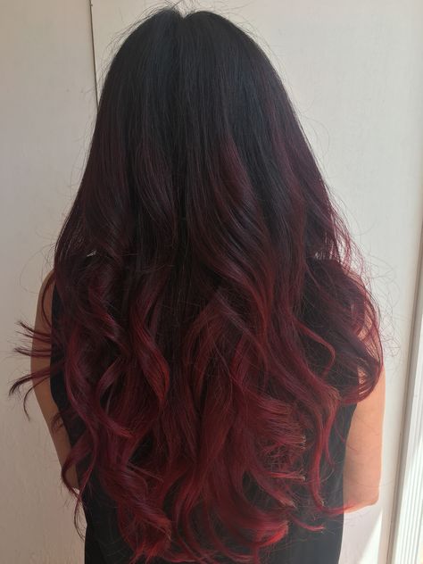 Dark Hair With Red Ends, Red Hair Color Tips, Top Black Bottom Red Hair, Dark Cherry Red Balayage Hair, Ombre Cherry Red Hair, Black Hair Dark Red Highlights, Wine Red Hair Color On Black Hair, Cherry Red Ombre Hair, Cherry Red Peekaboo Hair